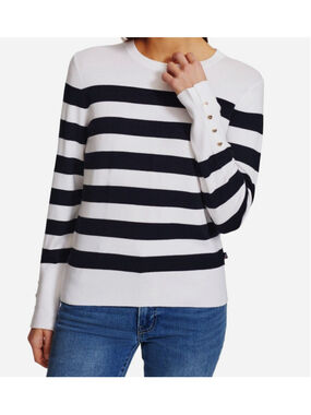 Nautica Jeans Women's Large Black & White Striped Button-Cuff Sweater NWT